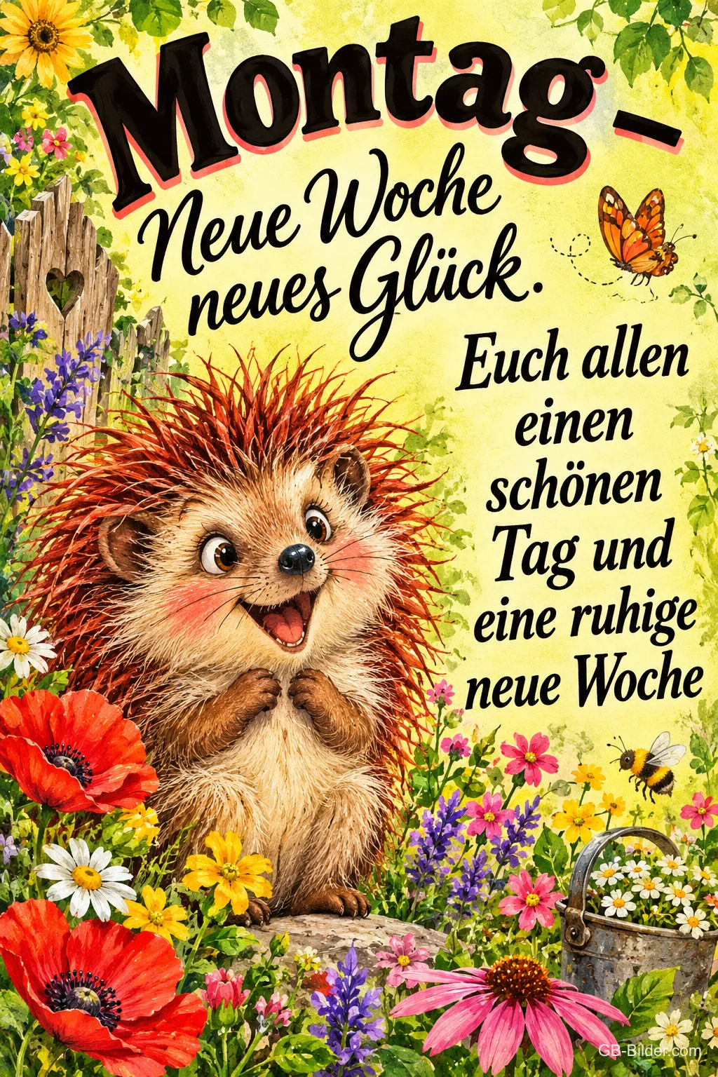 Lachender Igel zwischen Mohnblumen und Wiesenblumen, Text: Montag – Neue Woche neues Glück. Euch allen einen schönen Tag und eine ruhige neue Woche