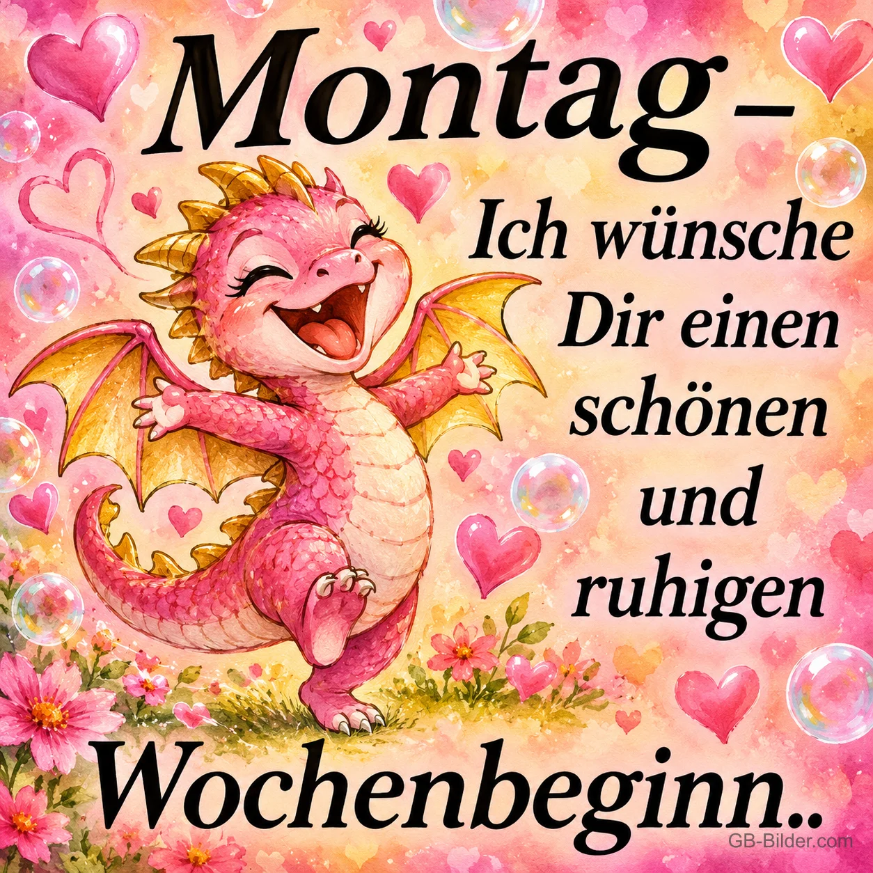 Kleiner rosa Drache tanzt fröhlich zwischen Herzen und Blumen, Text: Montag – Ich wünsche Dir einen schönen und ruhigen Wochenbeginn..