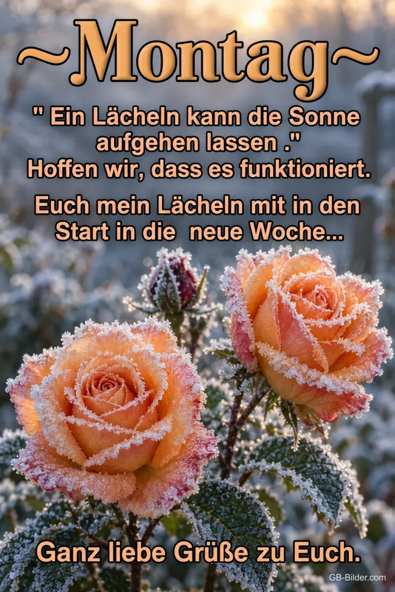Orange Rosen mit Raureif im Morgenlicht, Text: ~Montag~ „Ein Lächeln kann die Sonne aufgehen lassen.“ Hoffen wir, dass es funktioniert. Euch mein Lächeln mit in den Start in die neue Woche… Ganz liebe Grüße zu Euch.