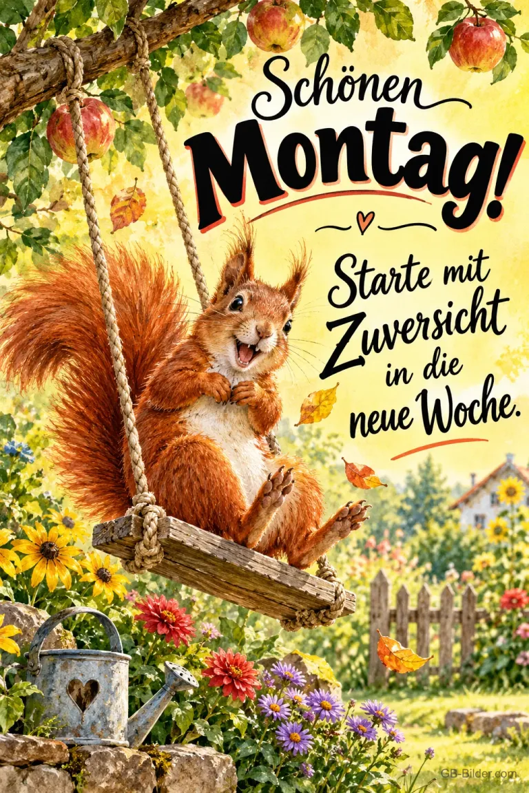 Eichhörnchen schaukelt lachend unter einem Apfelbaum im Garten, Text: Schönen Montag! Starte mit Zuversicht in die neue Woche.