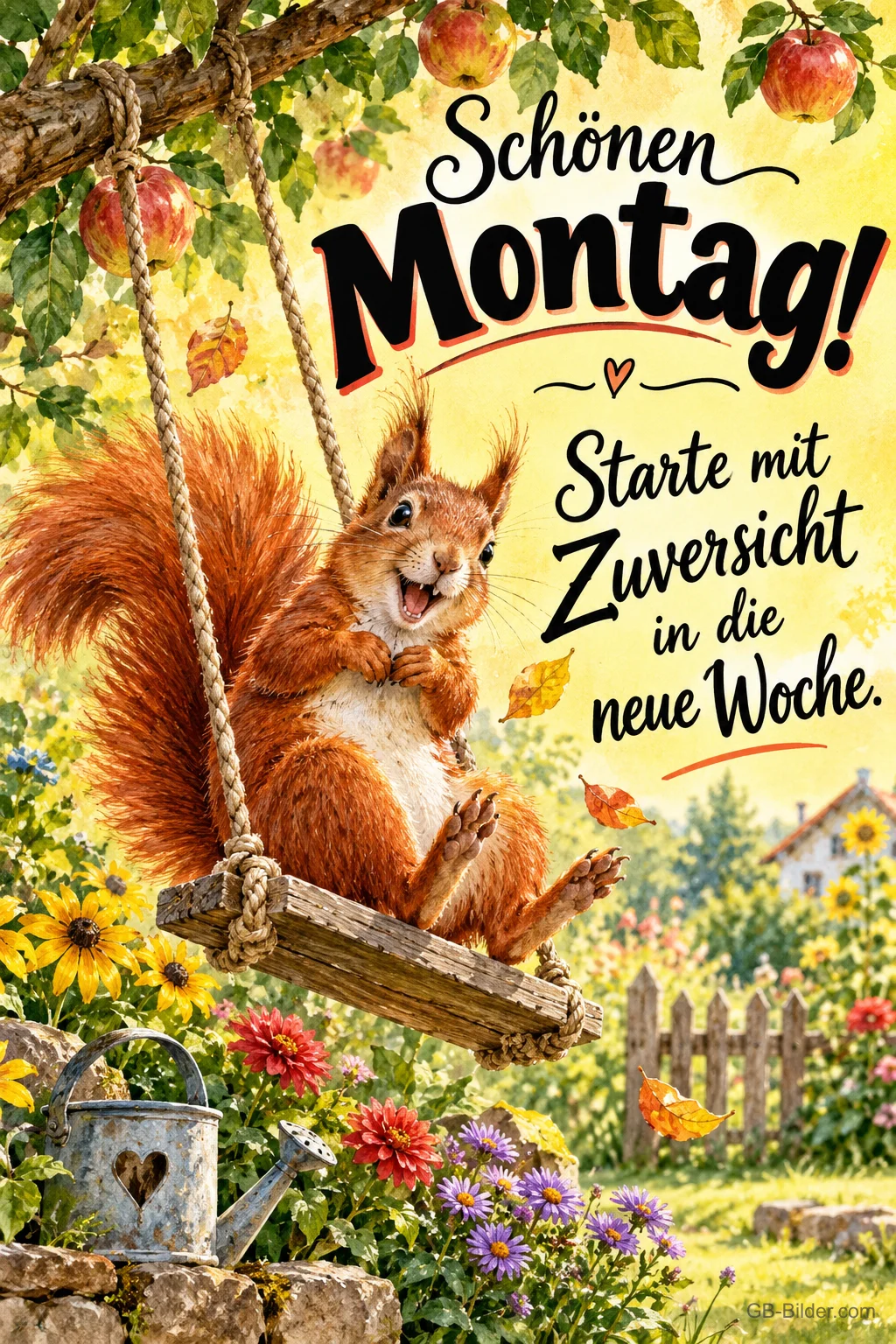 Eichhörnchen schaukelt lachend unter einem Apfelbaum im Garten, Text: Schönen Montag! Starte mit Zuversicht in die neue Woche.