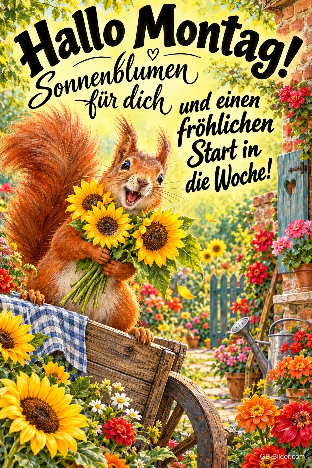 Eichhörnchen hält einen Sonnenblumenstrauß neben einer Schubkarre, Text: Hallo Montag! Sonnenblumen für dich und einen fröhlichen Start in die Woche!