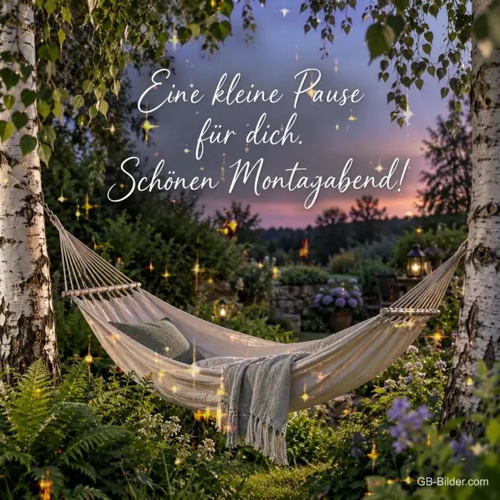 Hängematte zwischen Birken im abendlichen Garten, Text: Eine kleine Pause für dich. – Schönen Montagabend!