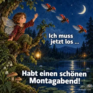 Elfe auf einem Ast winkt fliegenden Marienkäfern am See, Text: Ich muss jetzt los … – Habt einen schönen Montagabend!