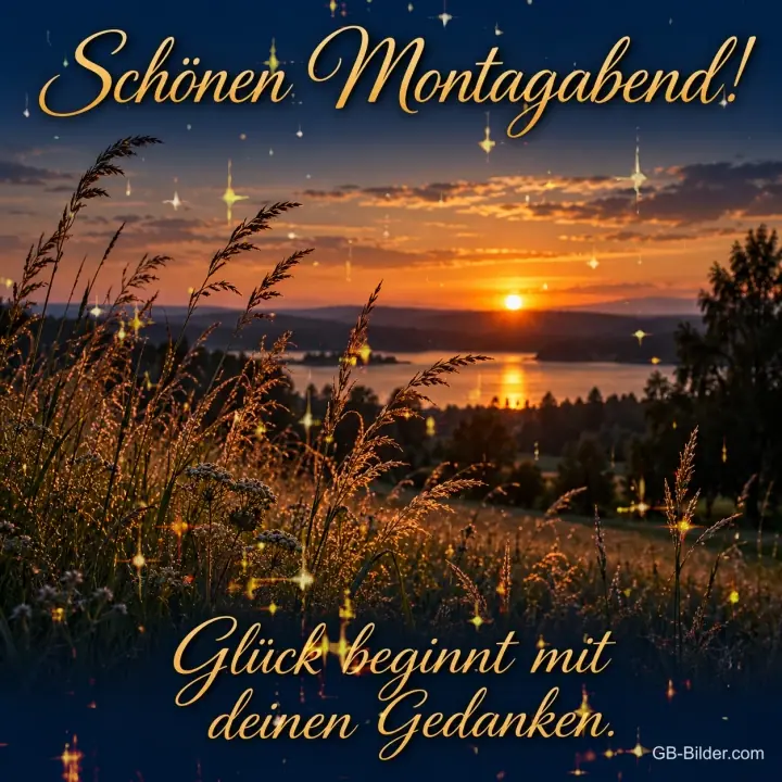 Gräser vor einem See im Sonnenuntergang, Text: Schönen Montagabend! – Glück beginnt mit deinen Gedanken.