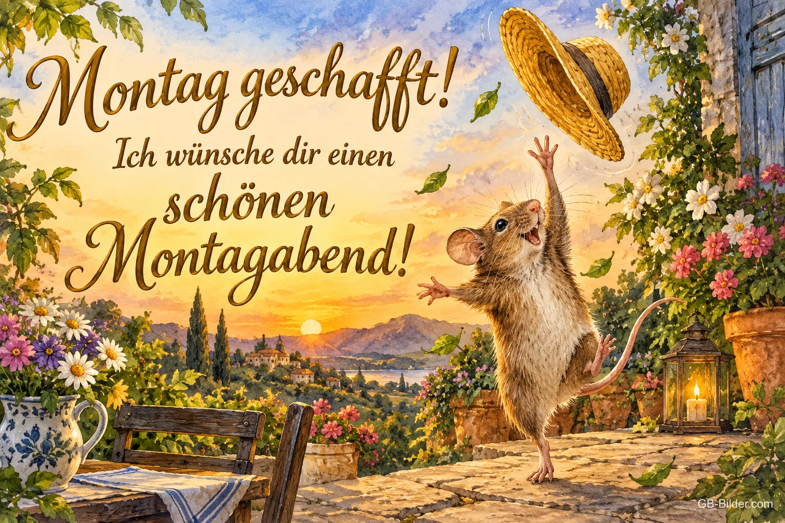 Maus wirft jubelnd einen Strohhut auf einer Terrasse, Text: Montag geschafft! – Ich wünsche dir einen schönen Montagabend!