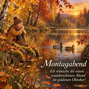 Kind sitzt am Seeufer im Herbstlaub, Enten schwimmen, Text: Montagabend – Ich wünsche dir einen wunderschönen Abend im goldenen Oktober!