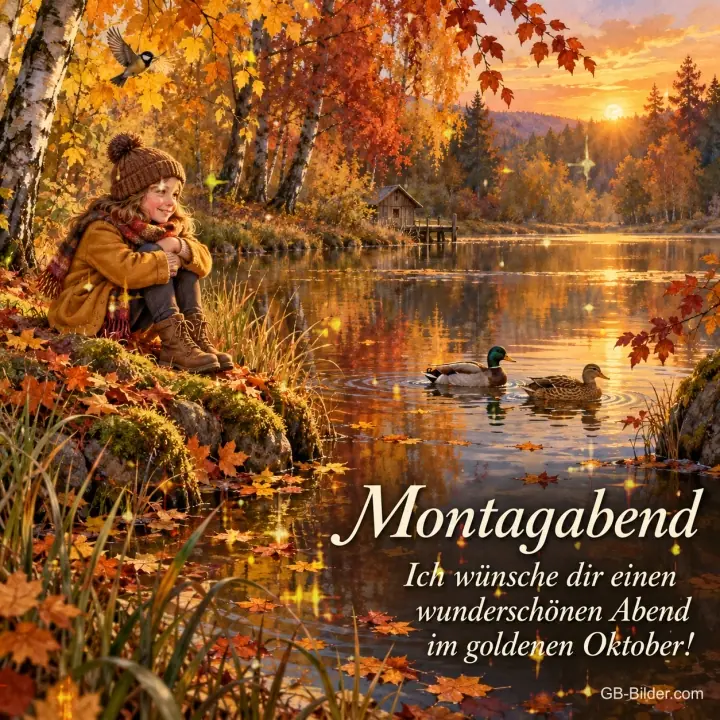 Kind sitzt am Seeufer im Herbstlaub, Enten schwimmen, Text: Montagabend – Ich wünsche dir einen wunderschönen Abend im goldenen Oktober! Kind sitzt am Seeufer im Herbstlaub, Enten schwimmen, Text: Montagabend – Ich wünsche dir einen wunderschönen Abend im goldenen Oktober!