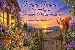 Eichhörnchen winkt vom Gartentor, zwei Hasen schauen zu, Text: Tschau Tschau bis morgen – ich winke Dir nochmal zu … Schönen Montagabend!