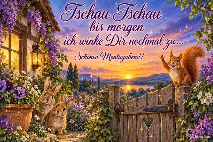 Eichhörnchen winkt vom Gartentor, zwei Hasen schauen zu, Text: Tschau Tschau bis morgen – ich winke Dir nochmal zu … Schönen Montagabend!