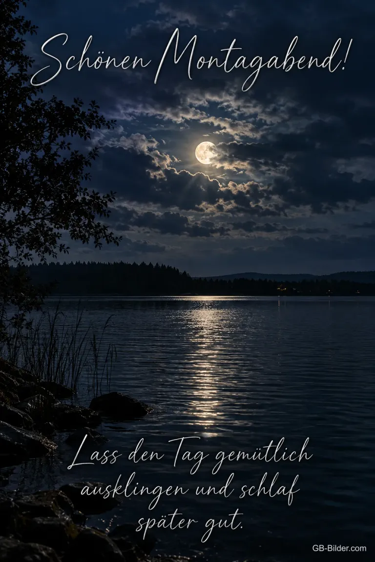 Vollmond über einem stillen See, Text: Schönen Montagabend! – Lass den Tag gemütlich ausklingen und schlaf später gut.