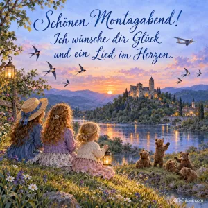 Drei Mädchen schauen am See zu einer Burg, Bärenjunge spielen, Text: Schönen Montagabend! – Ich wünsche dir Glück und ein Lied im Herzen.