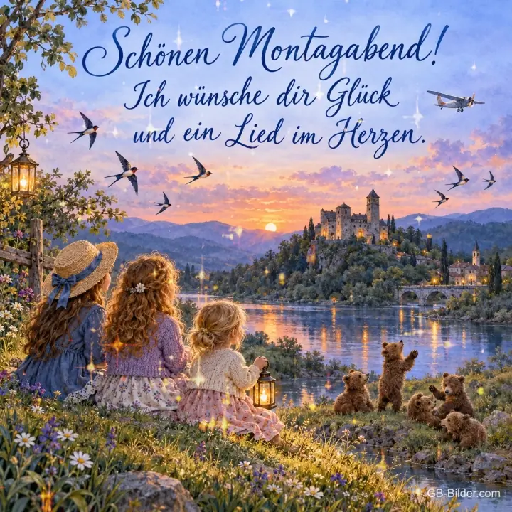 Drei Mädchen schauen am See zu einer Burg, Bärenjunge spielen, Text: Schönen Montagabend! – Ich wünsche dir Glück und ein Lied im Herzen.