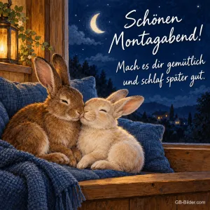 Zwei Hasen kuscheln auf einer Fensterbank, Text: Schönen Montagabend! – Mach es dir gemütlich und schlaf später gut.