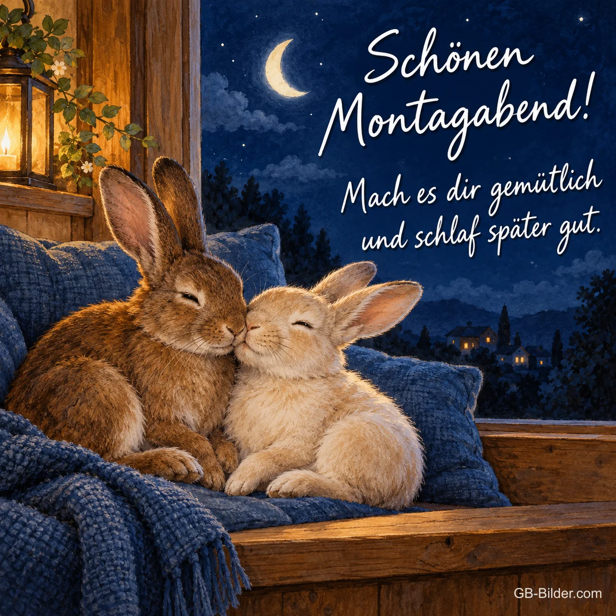 Zwei Hasen kuscheln auf einer Fensterbank, Text: Schönen Montagabend! – Mach es dir gemütlich und schlaf später gut.