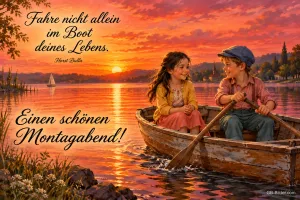 Mädchen und Junge rudern im Sonnenuntergang, Text: Fahre nicht allein im Boot deines Lebens. – Horst Bulla – Einen schönen Montagabend!