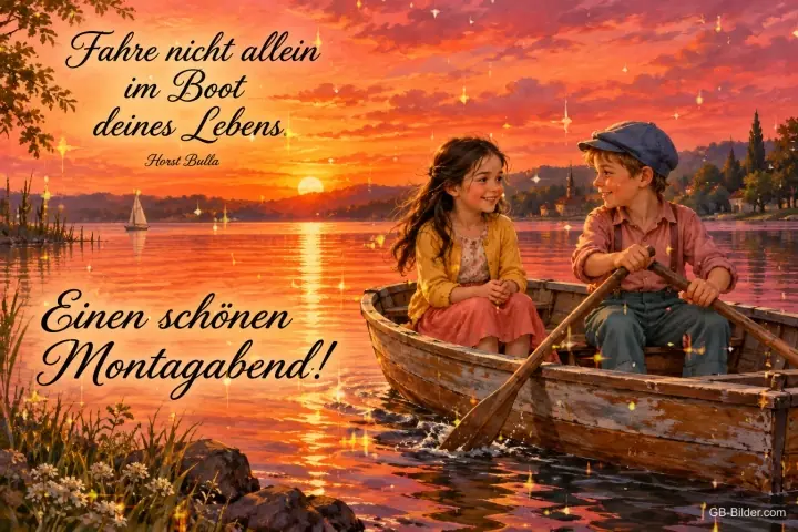 Mädchen und Junge rudern im Sonnenuntergang, Text: Fahre nicht allein im Boot deines Lebens. – Horst Bulla – Einen schönen Montagabend!