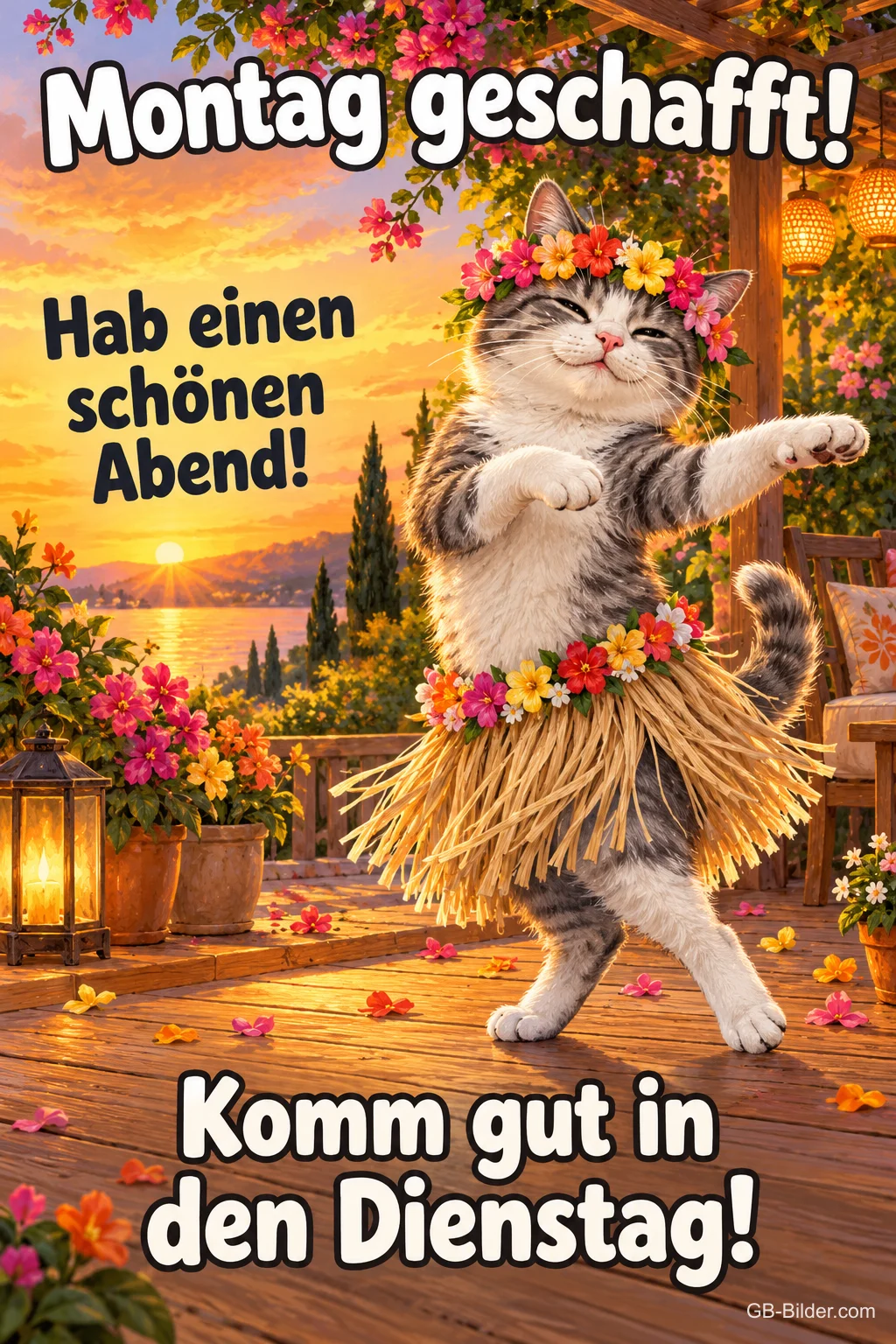 Katze im Bastrock tanzt auf einer Terrasse, Text: Montag geschafft! – Hab einen schönen Abend! Komm gut in den Dienstag!