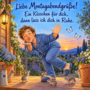 Mann im Schlafanzug wirft einen Kuss, Mäuse laufen um seine Füße, Text: Liebe Montagabendgrüße! – Ein Küsschen für dich, dann lass ich dich in Ruhe.