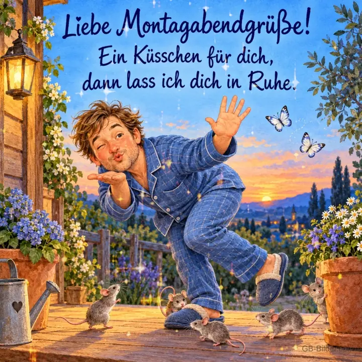 Mann im Schlafanzug wirft einen Kuss, Mäuse laufen um seine Füße, Text: Liebe Montagabendgrüße! – Ein Küsschen für dich, dann lass ich dich in Ruhe.