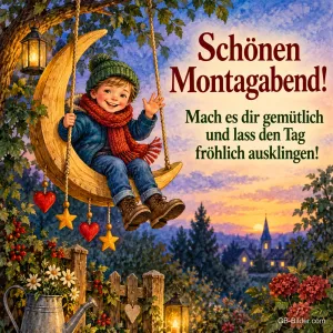 Junge schaukelt auf einer Mondsichel im Garten, Text: Schönen Montagabend! – Mach es dir gemütlich und lass den Tag fröhlich ausklingen!