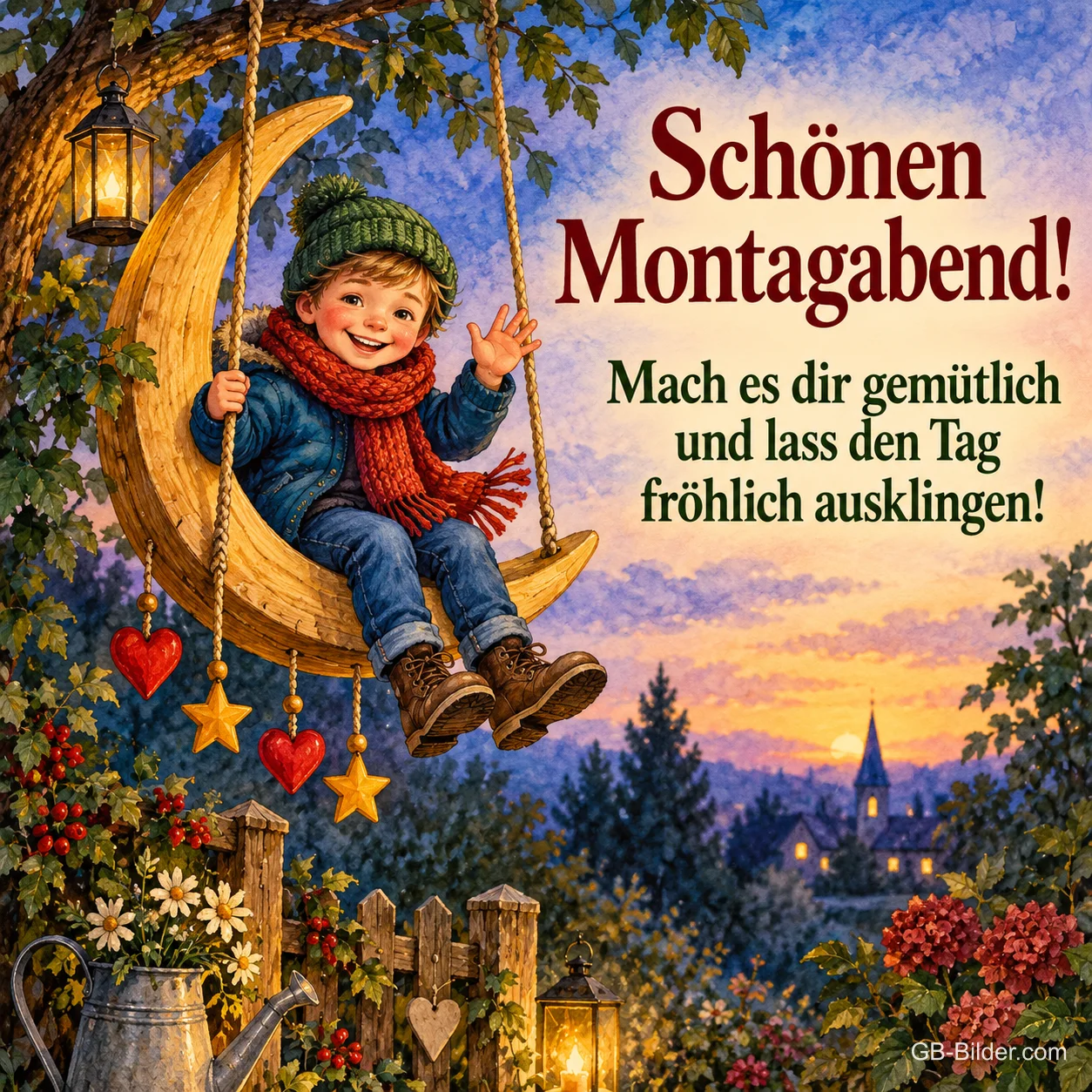 Junge schaukelt auf einer Mondsichel im Garten, Text: Schönen Montagabend! – Mach es dir gemütlich und lass den Tag fröhlich ausklingen!