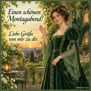 Frau im grünen Samtkleid winkt auf einer Terrasse, Text: Einen schönen Montagabend! – Liebe Grüße von mir zu dir.