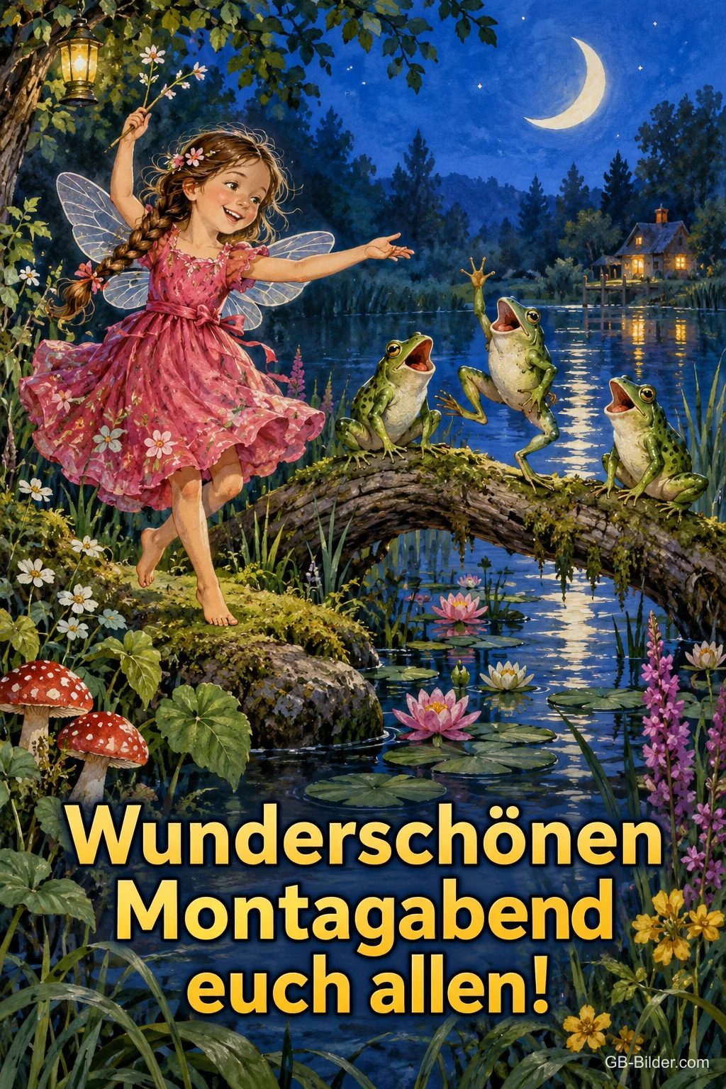 Elfe tanzt auf einem Baumstamm, singende Frösche am Teich, Text: Wunderschönen Montagabend euch allen!