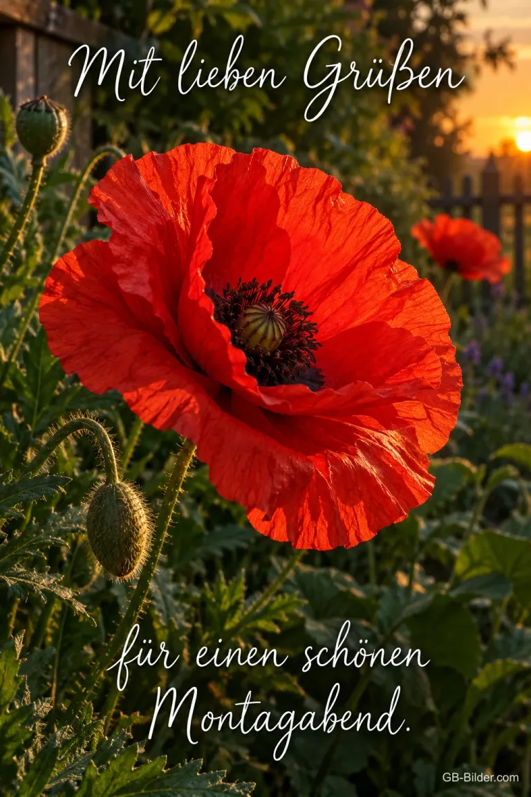 Rote Mohnblume im Abendlicht, Text: Mit lieben Grüßen – für einen schönen Montagabend.