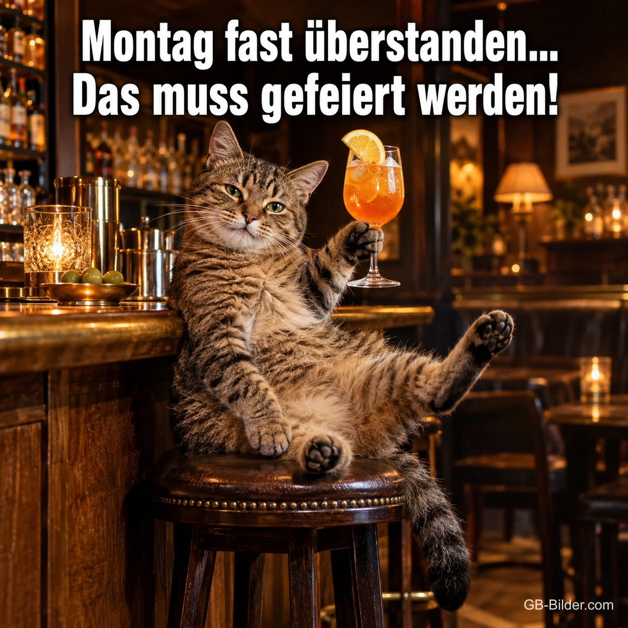 Katze sitzt mit Cocktail auf einem Barhocker, Text: Montag fast überstanden … – Das muss gefeiert werden!