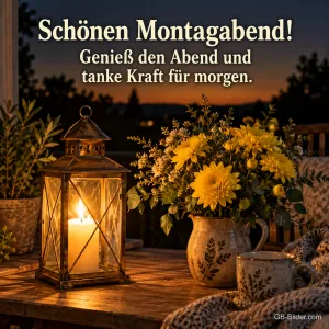 Laterne mit Kerze und gelben Blumen auf einem Tisch am Abend, Text: Schönen Montagabend! – Genieß den Abend und tanke Kraft für morgen.