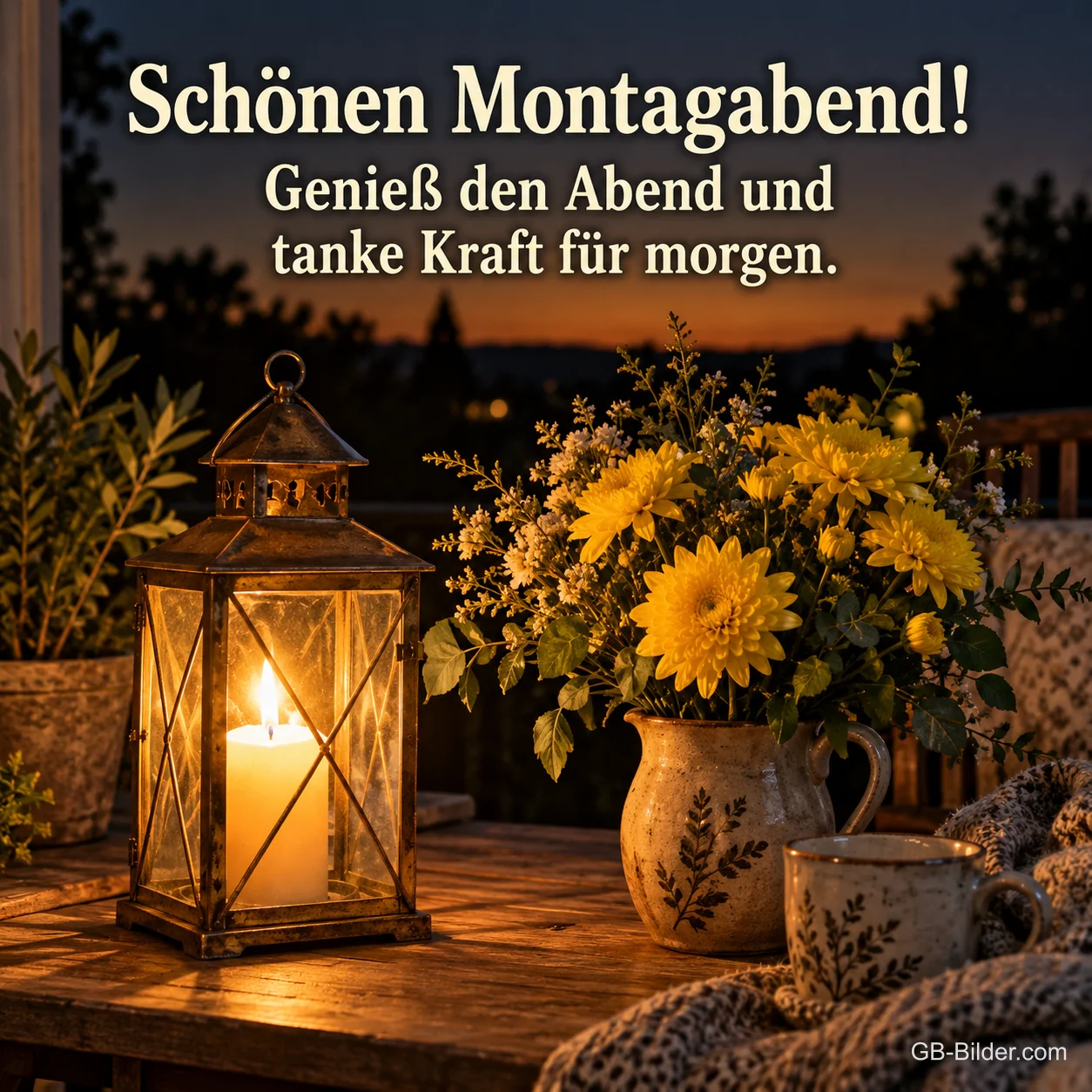 Laterne mit Kerze und gelben Blumen auf einem Tisch am Abend, Text: Schönen Montagabend! – Genieß den Abend und tanke Kraft für morgen.