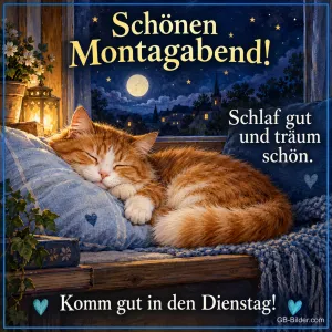Rote Katze schläft auf einem Kissen am Fenster, Text: Schönen Montagabend! – Schlaf gut und träum schön. Komm gut in den Dienstag!