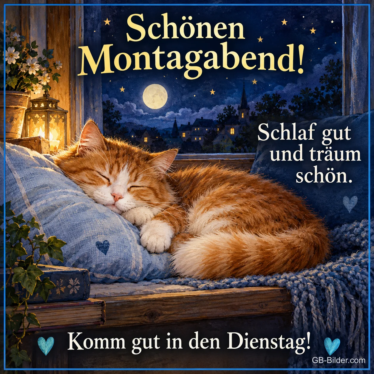 Rote Katze schläft auf einem Kissen am Fenster, Text: Schönen Montagabend! – Schlaf gut und träum schön. Komm gut in den Dienstag! Rote Katze schläft auf einem Kissen am Fenster, Text: Schönen Montagabend! – Schlaf gut und träum schön. Komm gut in den Dienstag!