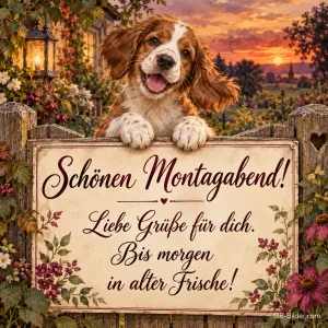 Spaniel schaut über ein Holzschild im Garten, Text: Schönen Montagabend! – Liebe Grüße für dich. Bis morgen in alter Frische!