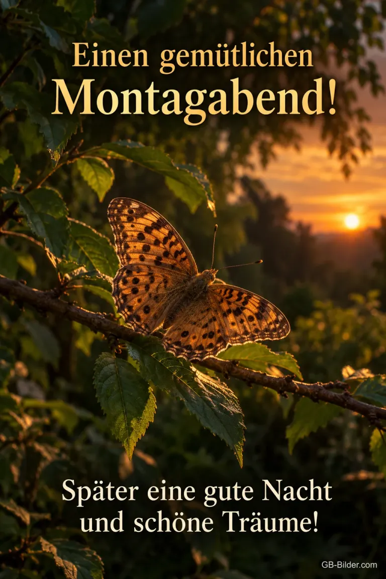 Schmetterling auf einem Zweig im Abendlicht, Text: Einen gemütlichen Montagabend! – Später eine gute Nacht und schöne Träume!