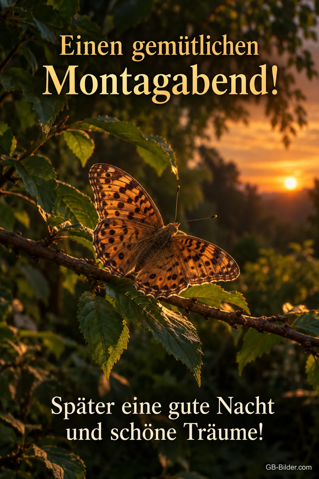 Schmetterling auf einem Zweig im Abendlicht, Text: Einen gemütlichen Montagabend! – Später eine gute Nacht und schöne Träume! Schmetterling auf einem Zweig im Abendlicht, Text: Einen gemütlichen Montagabend! – Später eine gute Nacht und schöne Träume!