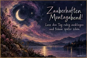 Mondsichel im Sternenwirbel über einem See, Text: Zauberhaften Montagabend! – Lass den Tag ruhig ausklingen und träum später schön.