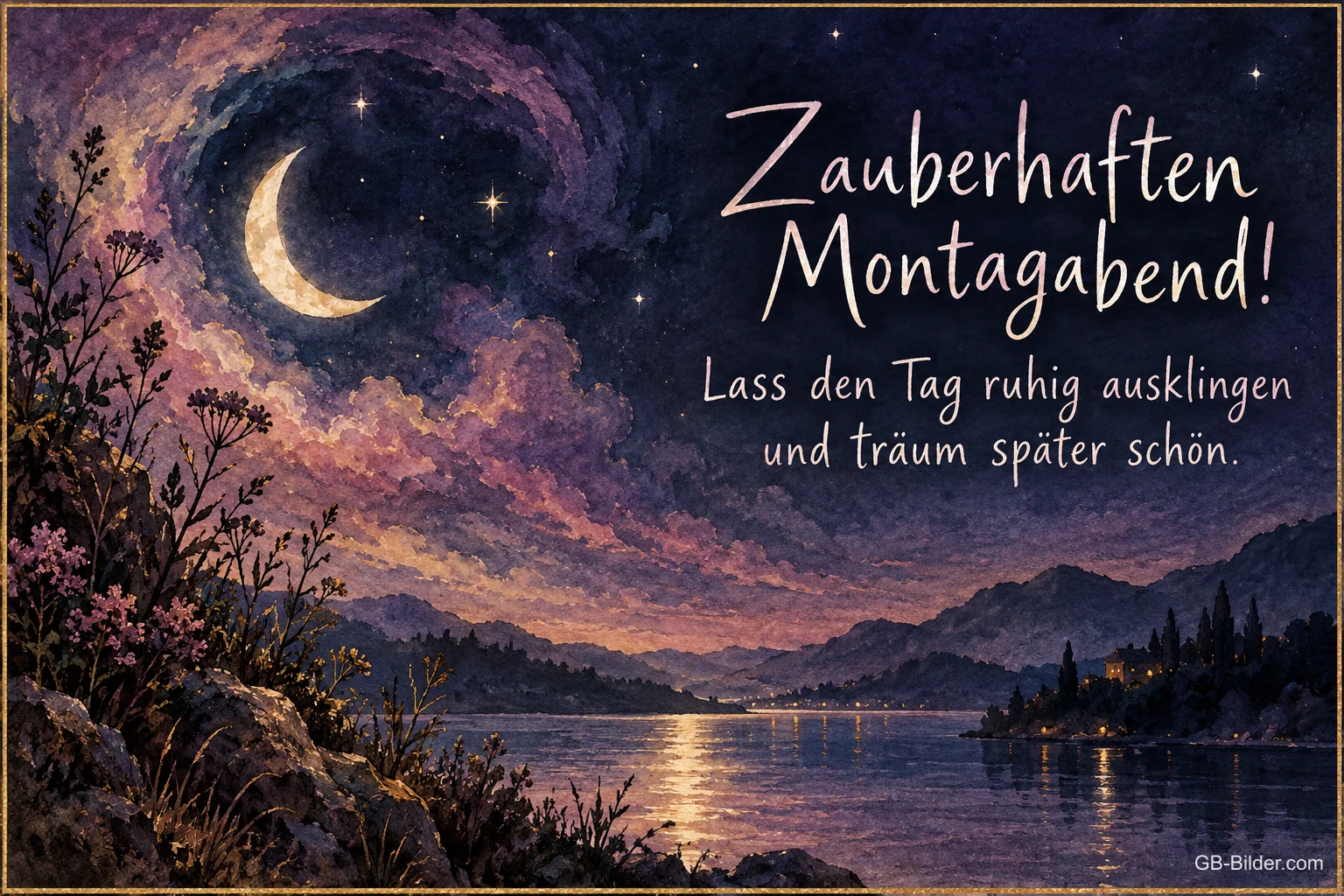 Mondsichel im Sternenwirbel über einem See, Text: Zauberhaften Montagabend! – Lass den Tag ruhig ausklingen und träum später schön.