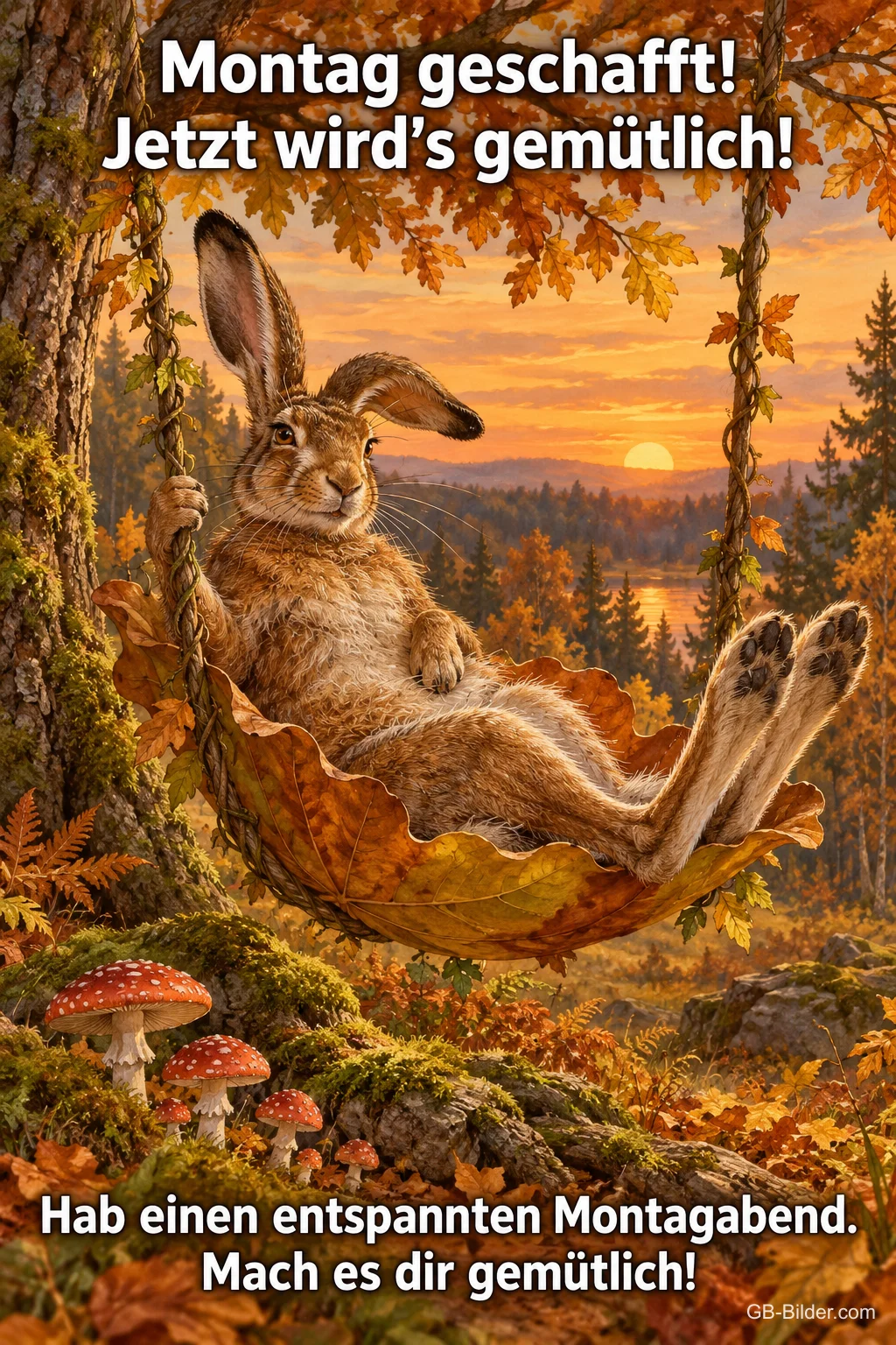 Hase liegt in einer Blatthängematte im Herbstwald, Text: Montag geschafft! Jetzt wird's gemütlich! – Hab einen entspannten Montagabend. Mach es dir gemütlich!