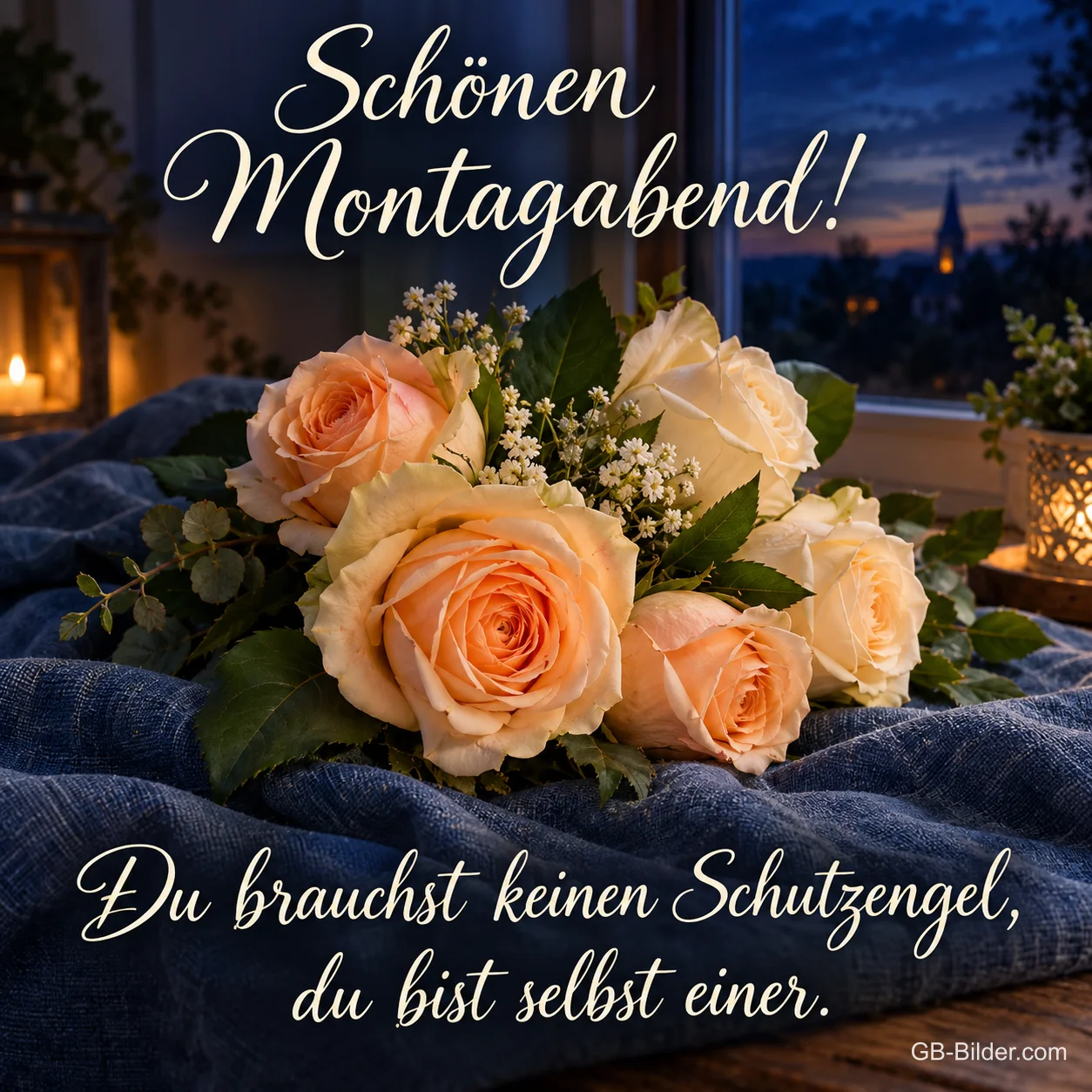 Strauß aus Pfirsichrosen auf einem blauen Tuch, Text: Schönen Montagabend! – Du brauchst keinen Schutzengel, du bist selbst einer.