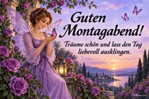 Elfe mit Schmetterling zwischen lila Rosen am See, Text: Guten Montagabend! – Träume schön und lass den Tag liebevoll ausklingen.