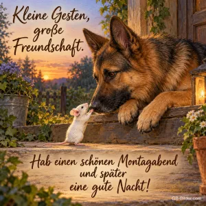 Schäferhund und Maus berühren sich mit den Nasen, Text: Kleine Gesten, große Freundschaft. – Hab einen schönen Montagabend und später eine gute Nacht!