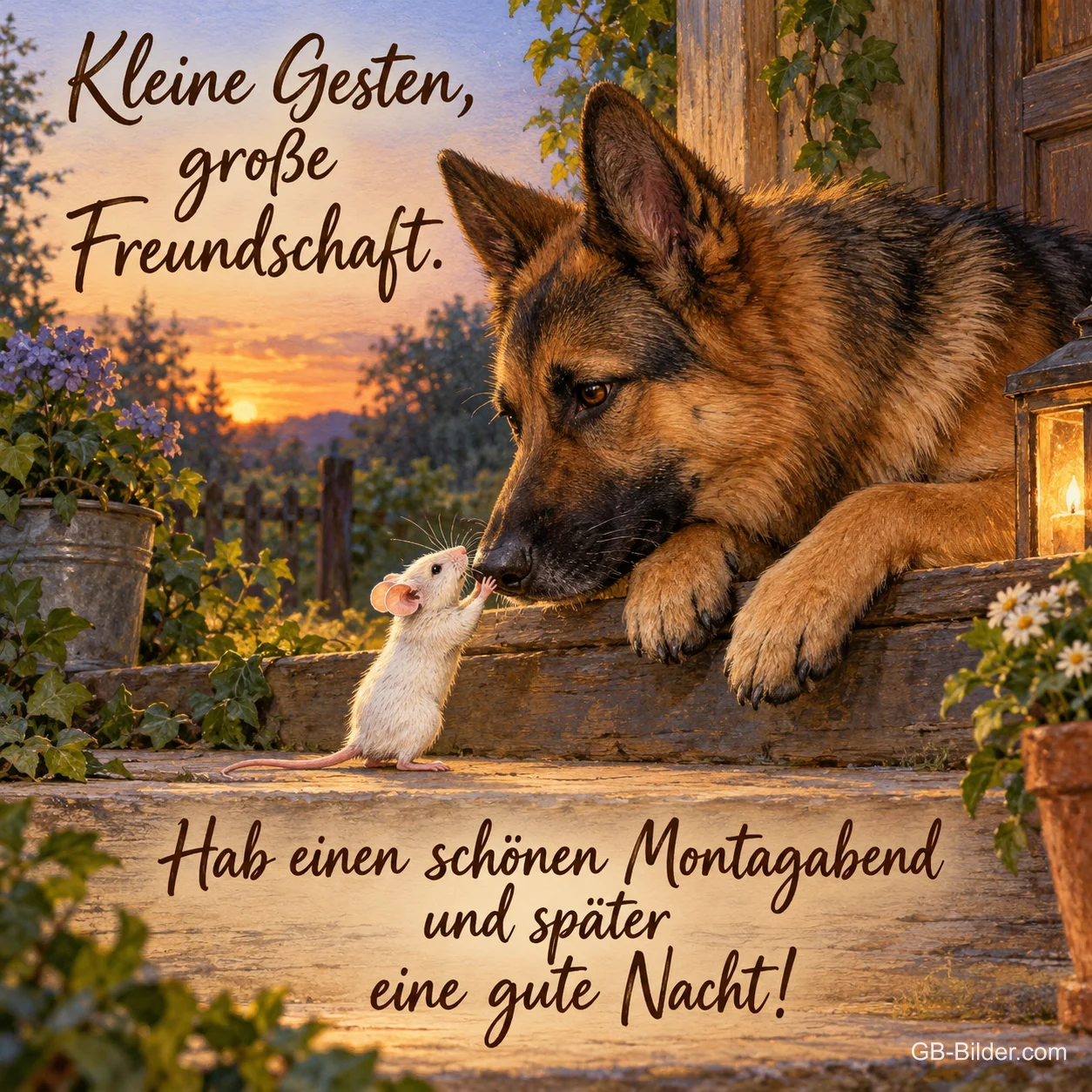 Schäferhund und Maus berühren sich mit den Nasen, Text: Kleine Gesten, große Freundschaft. – Hab einen schönen Montagabend und später eine gute Nacht!