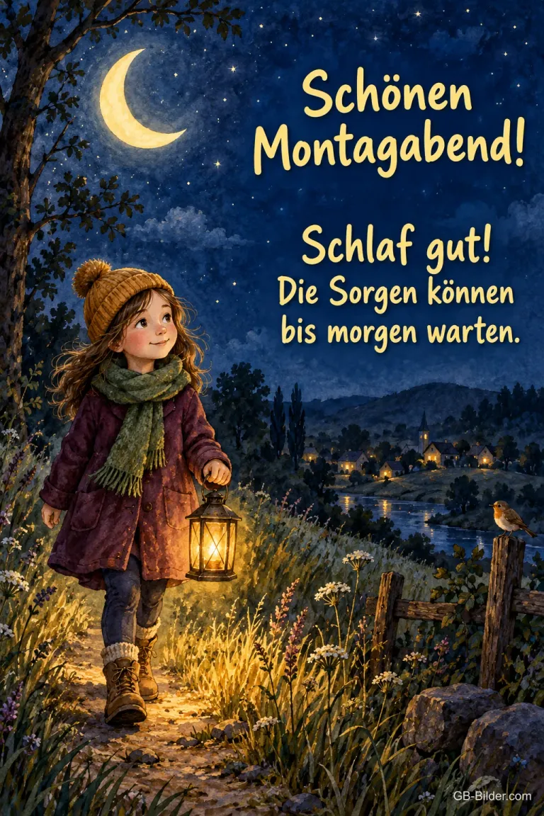 Mädchen mit Laterne unter der Mondsichel, Text: Schönen Montagabend! – Schlaf gut! Die Sorgen können bis morgen warten.