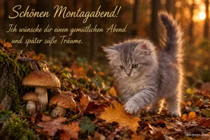 Graues Kätzchen zwischen Steinpilzen im Herbstlaub, Text: Schönen Montagabend! – Ich wünsche dir einen gemütlichen Abend und später süße Träume.