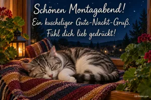 Tigerkatze schläft auf einer gestreiften Decke am Fenster, Text: Schönen Montagabend! – Ein kuscheliger Gute-Nacht-Gruß. Fühl dich lieb gedrückt!