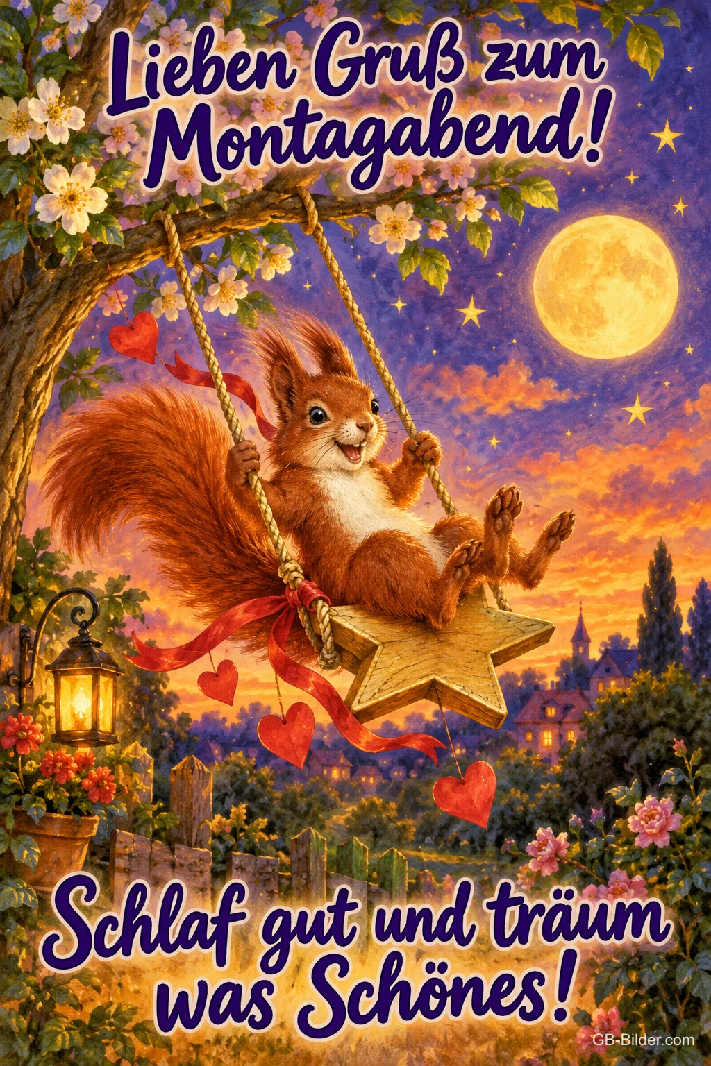 Eichhörnchen schaukelt auf einem Stern unter dem Vollmond, Text: Lieben Gruß zum Montagabend! Schlaf gut und träum was Schönes!