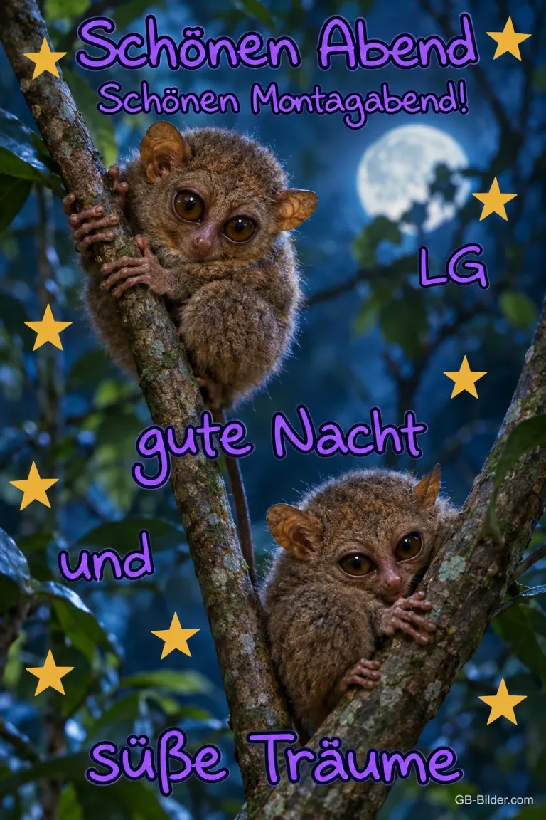 Zwei Koboldmakis klettern an einem Baum unter Sternen, Text: Schönen Abend – Schönen Montagabend! LG gute Nacht und süße Träume