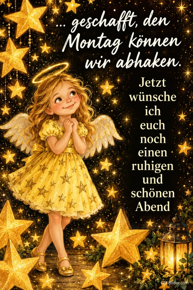 Kleiner Engel im goldenen Kleid zwischen goldenen Sternen, Text: … geschafft, den Montag können wir abhaken. Jetzt wünsche ich euch noch einen ruhigen und schönen Abend